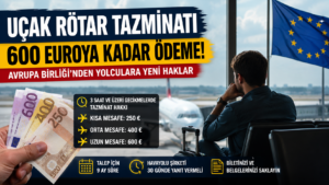 Uçak Rötar Tazminatı kapsamında Avrupa Birliği'nin yeni yolcu haklarını gösteren, havaalanında bekleyen yolcu, uçak ve 600 euro tazminat bilgisini içeren haber görseli